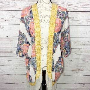 Hint of Mint Fringe Kimono Geometric Print Sz L